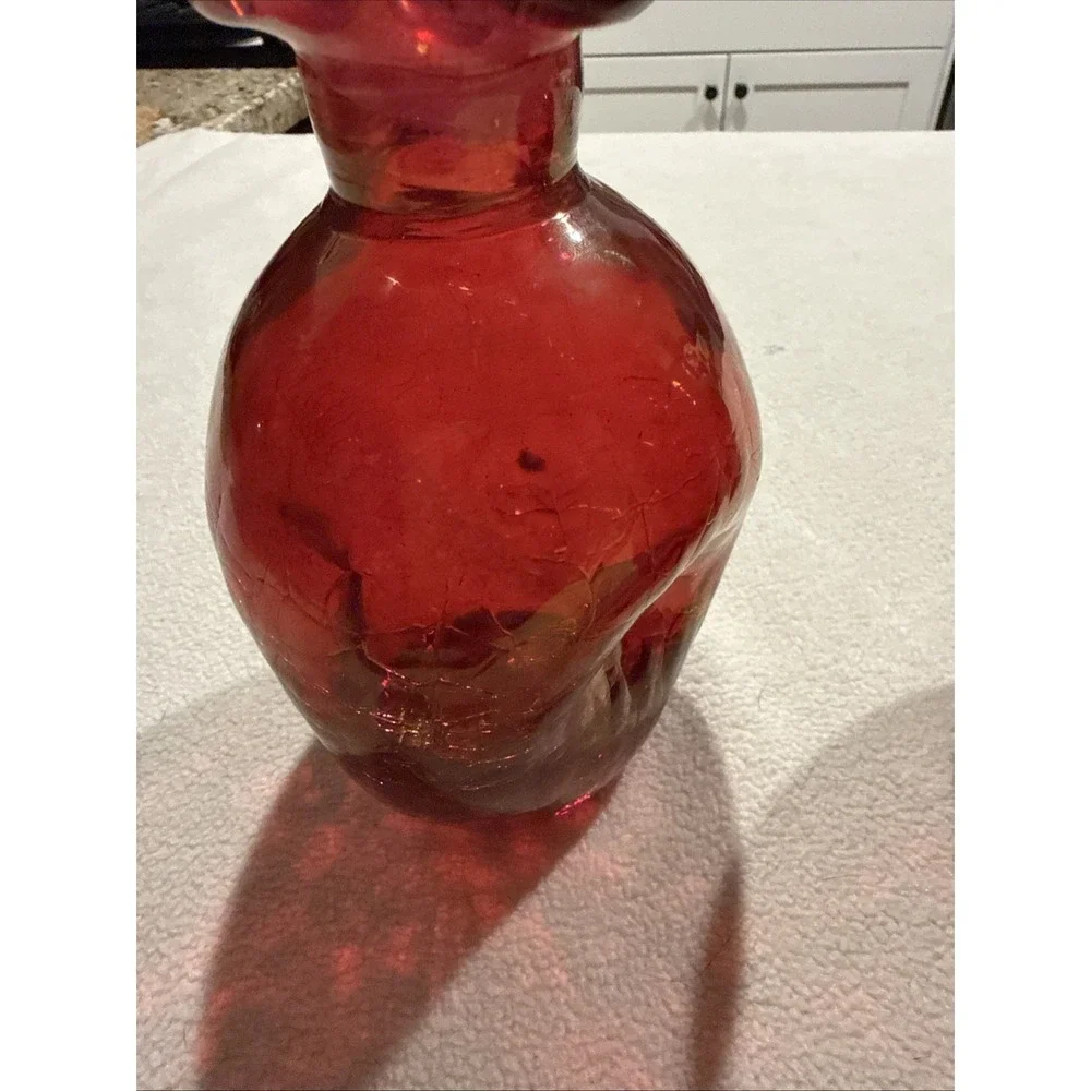 Vintage Blenko Red Rose Color Crackle Glass Pinched Decanter Mid Century‎